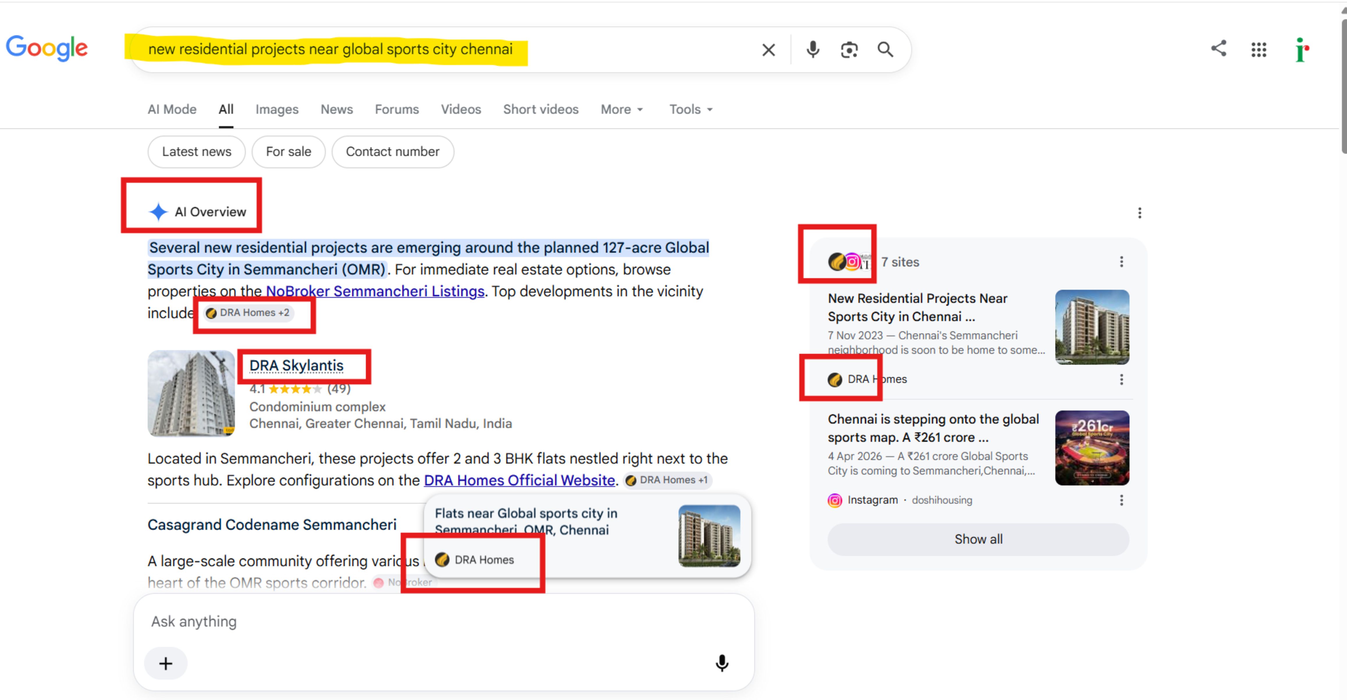 DRA Homes cited in AI Overview for Global Sports City search Google AI Overview citing DRA Homes for DRA Skylantis and Casagrand Codename Semmancheri near the Global Sports City in Chennai