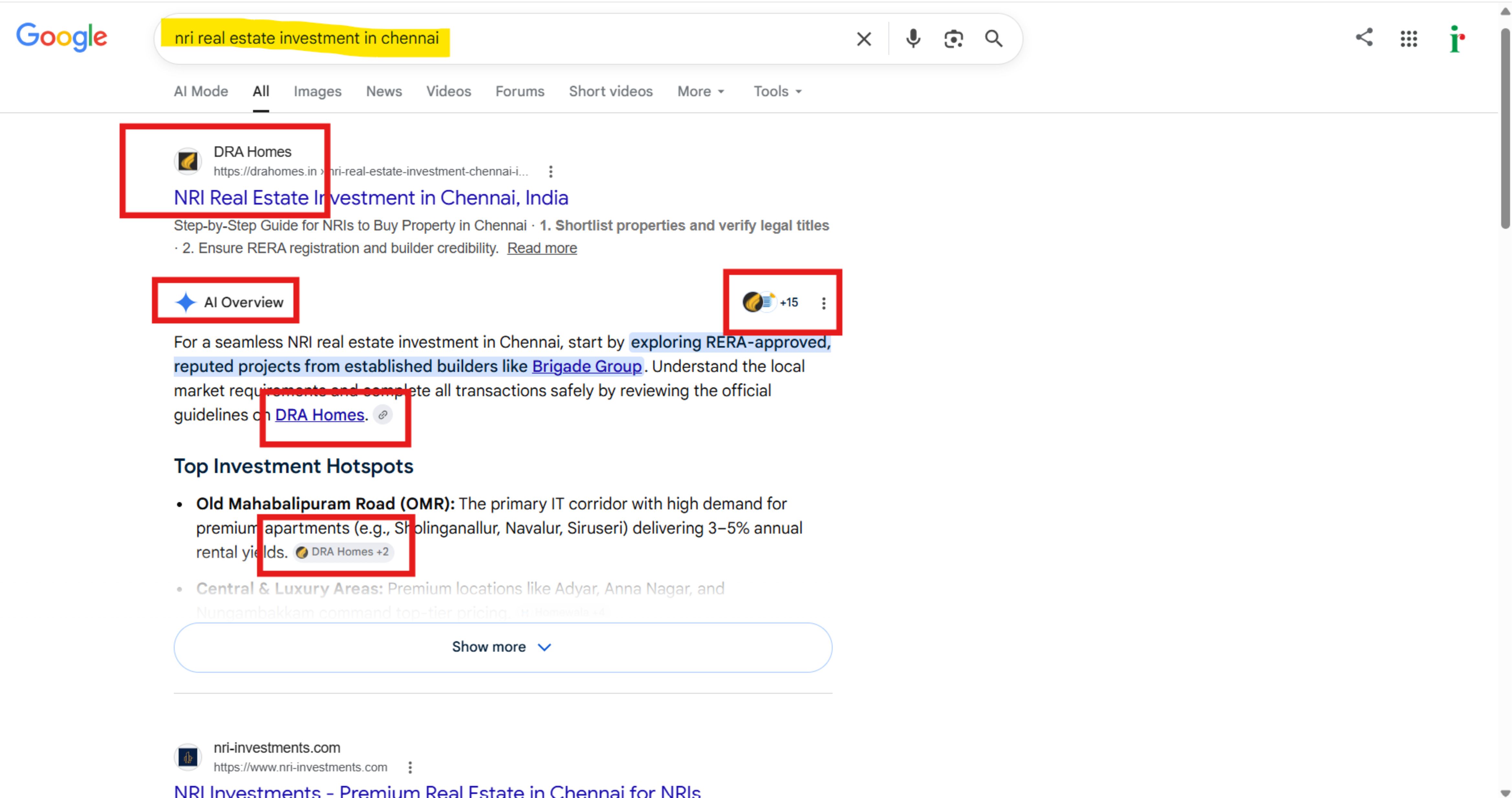 DRA Homes ranks first organically and cited in AI Overview for NRI real estate search Google search results showing DRA Homes as the number one organic result and cited inside the AI Overview for NRI real estate investment in Chennai