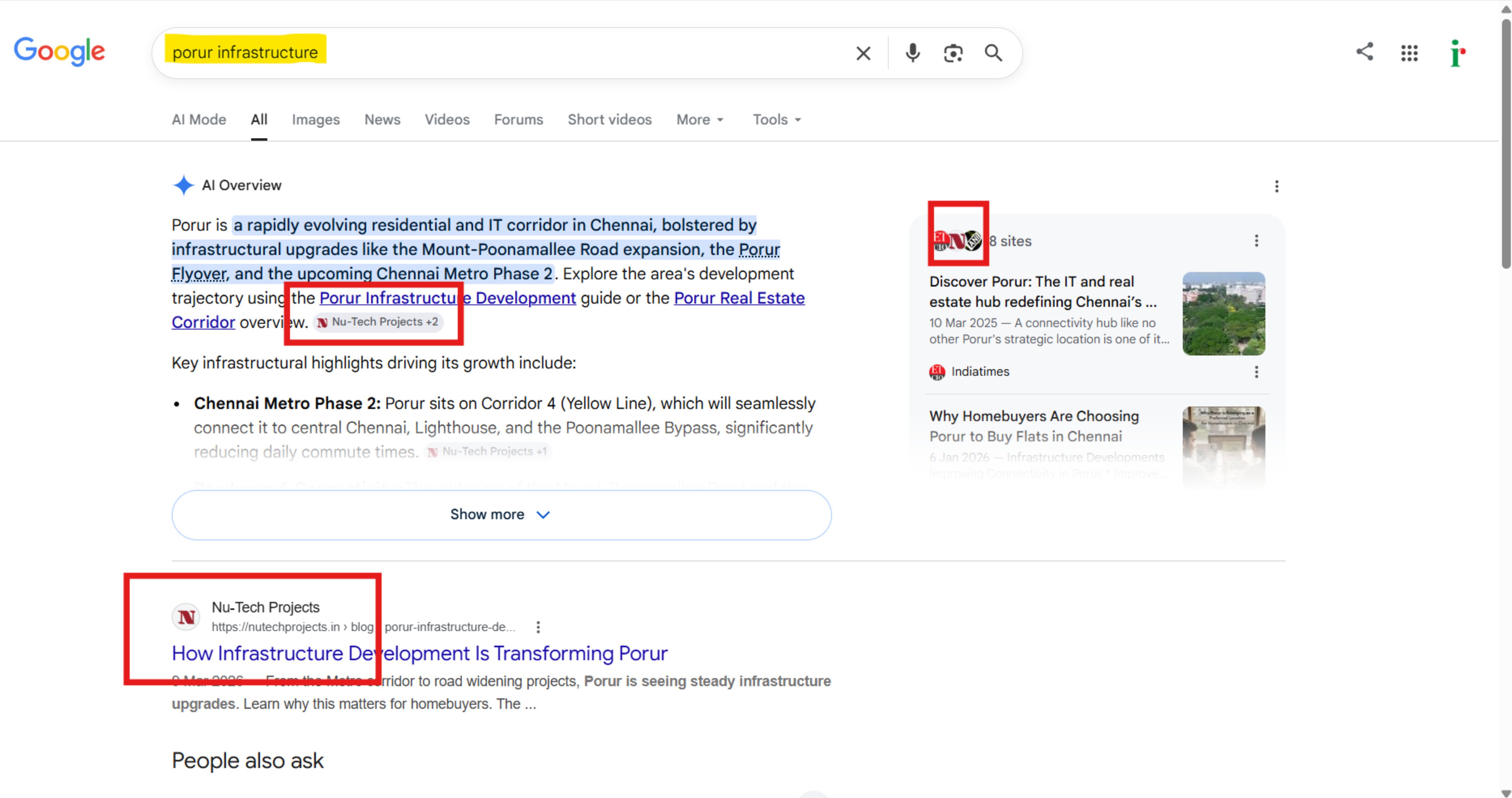 NuTech Projects AI Overview citation for Porur infrastructure search Google search results showing AI Overview citing NuTech Projects twice and NuTech's blog ranking first organically for the search porur infrastructure