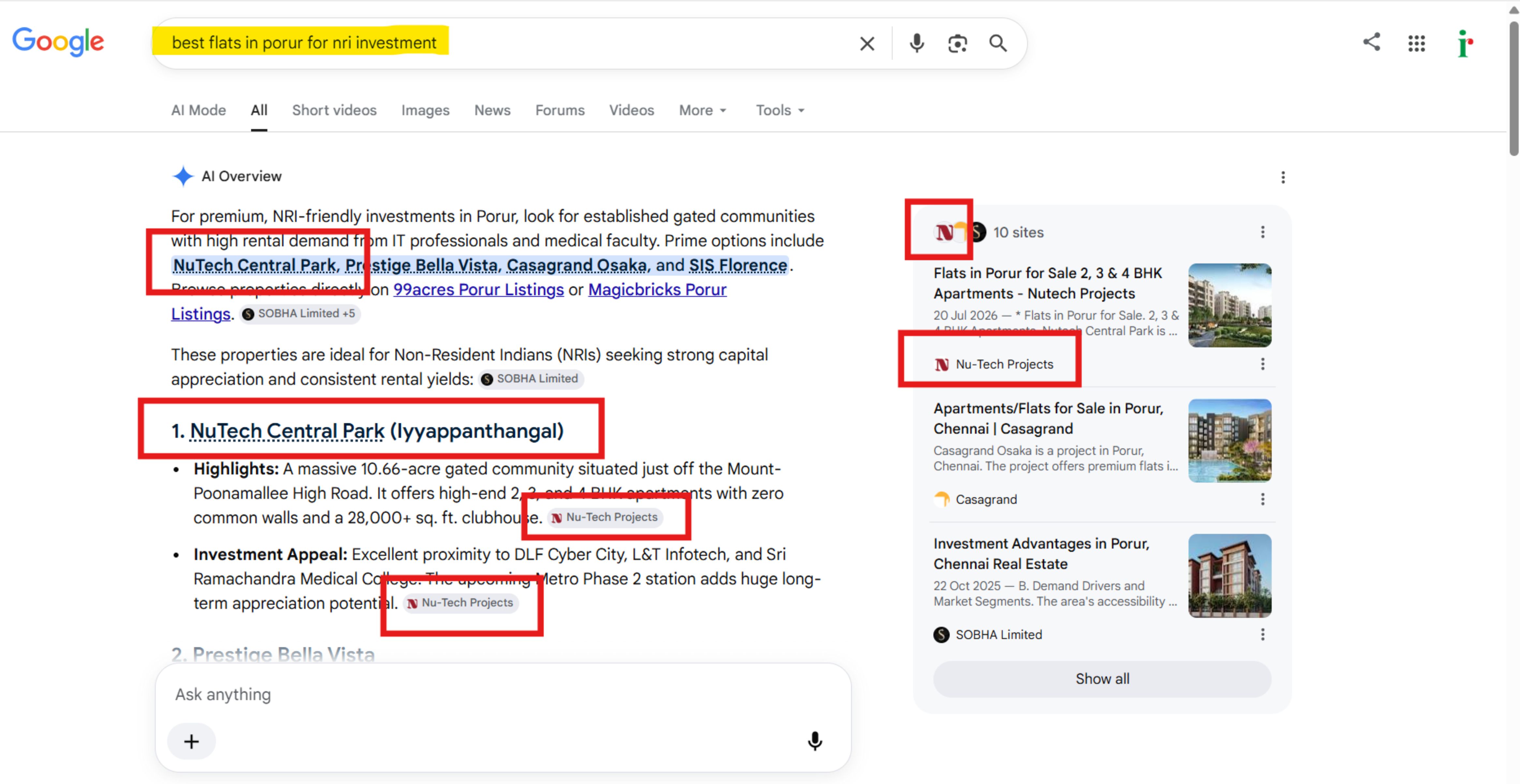 NuTech Central Park featured in AI Overview for NRI investment search Google AI Overview recommending NuTech Central Park as the top NRI investment option in Porur with NuTech Projects cited three times