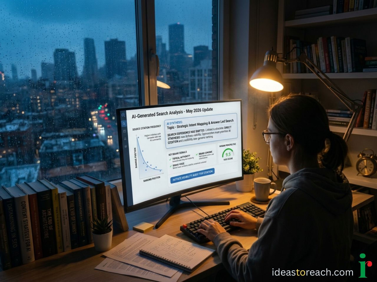 A professional reviewing AI-generated search analysis for May 2026 focusing on strategic intent mapping on a monitor