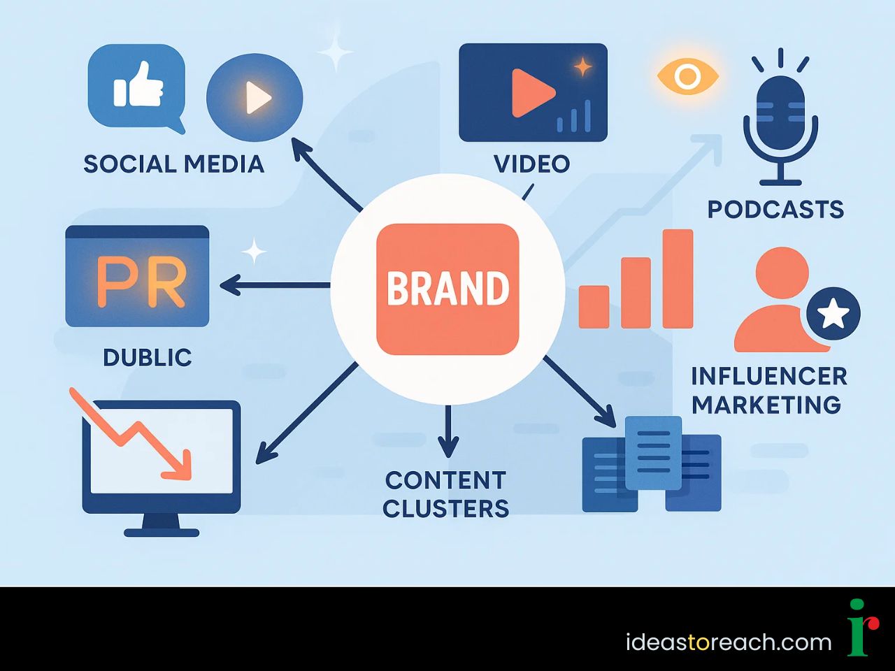 Show multi-channel brand growth with a central brand connected to social media video podcasts and PR with rising visibility and falling clicks