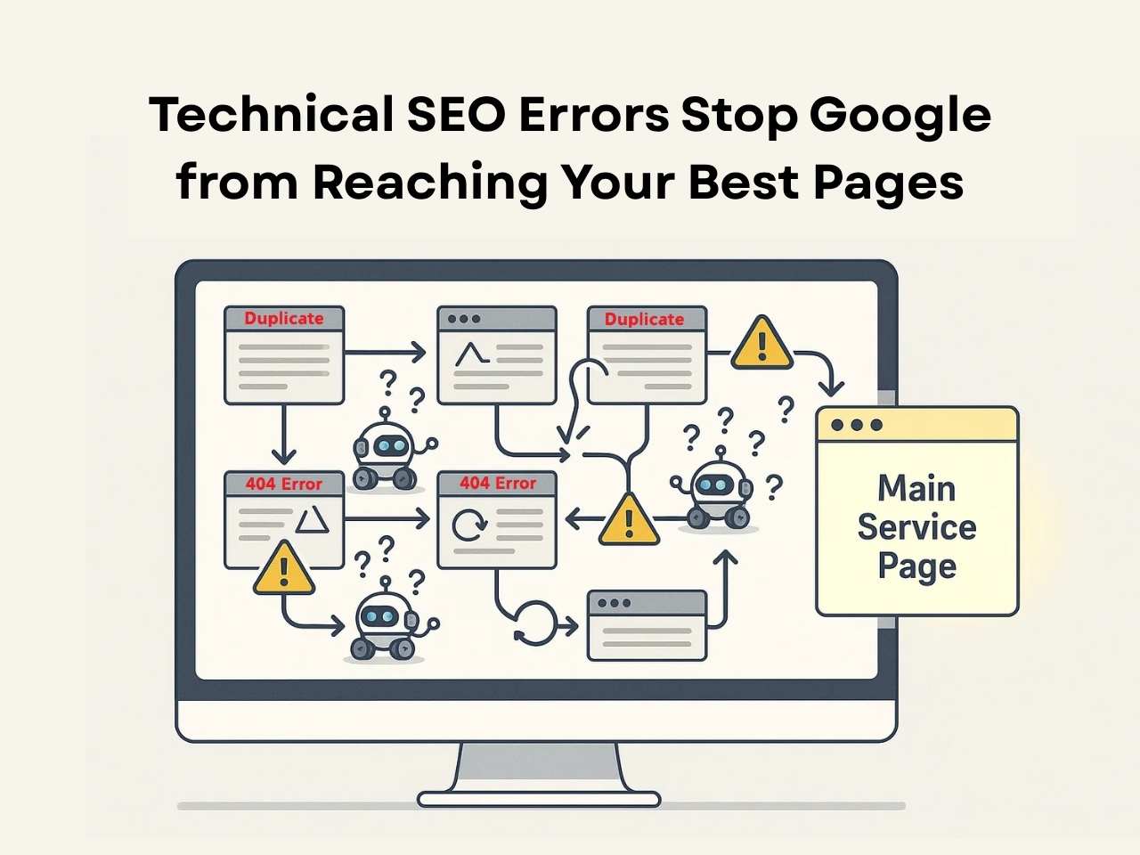 Robots stuck in crawl errors and loops while the main service page stays hidden, showing SEO crawl issues.