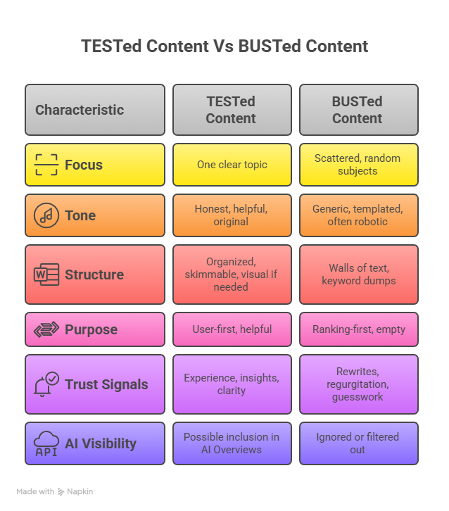 Comparison table showing key differences between TESTed Content and BUSTed Content across focus, tone, structure, and trust signals.