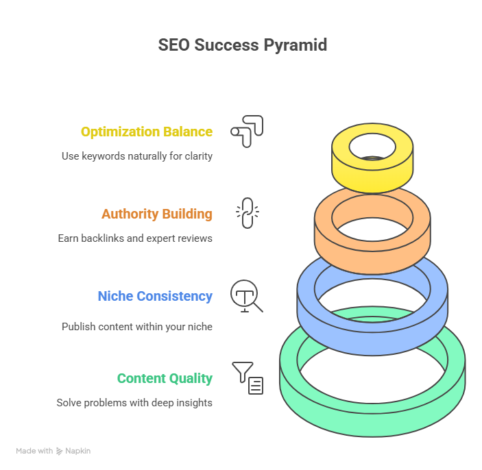 Visual pyramid titled SEO Success Pyramid with four layers: Content Quality, Niche Consistency, Authority Building, and Optimization Balance — showing key foundations for long-term SEO success in the AI era.
