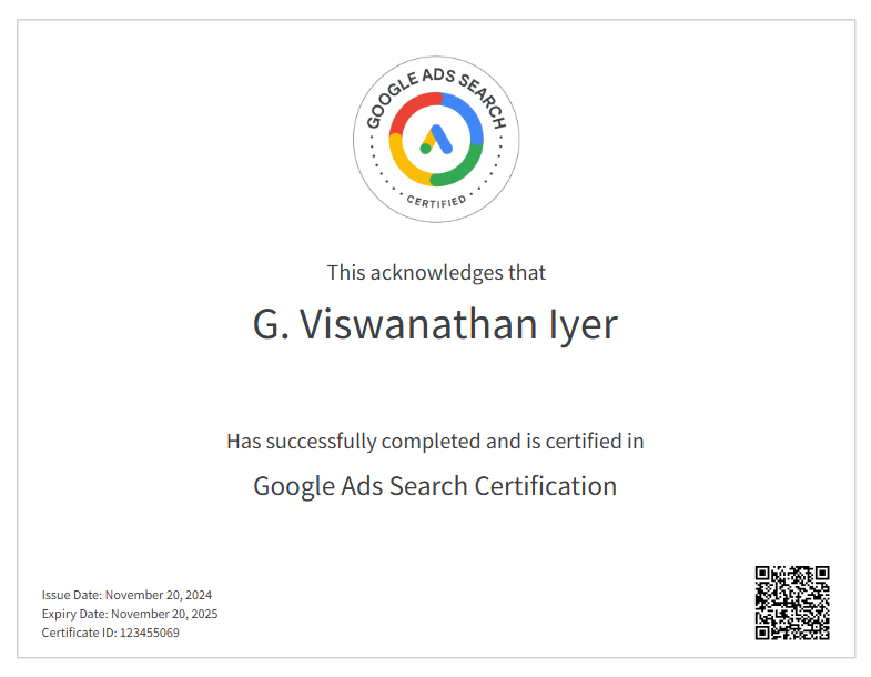 Google Ads Search certificate awarded to top Google partner in Chennai and Top SEO Expert in Chennai G Viswanathan
