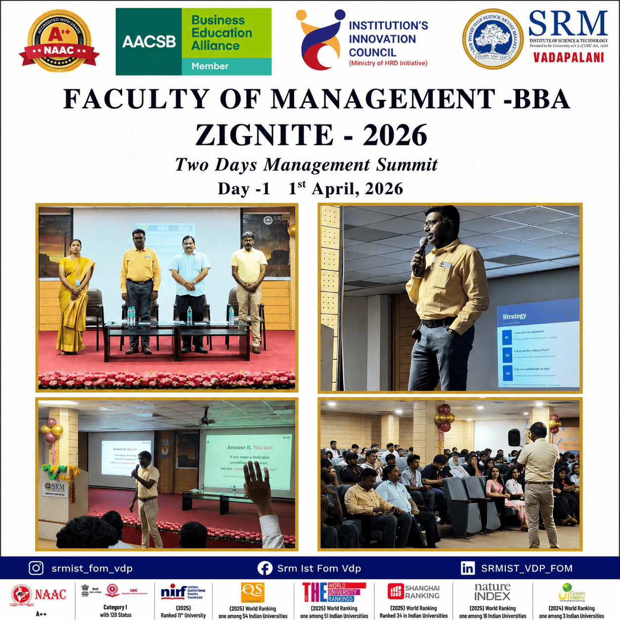 Event collage poster for the Zignite 2026 Management Summit at SRM University Vadapalani, highlighting guest speaker Viswanathan Ganesan from ideas to reach.