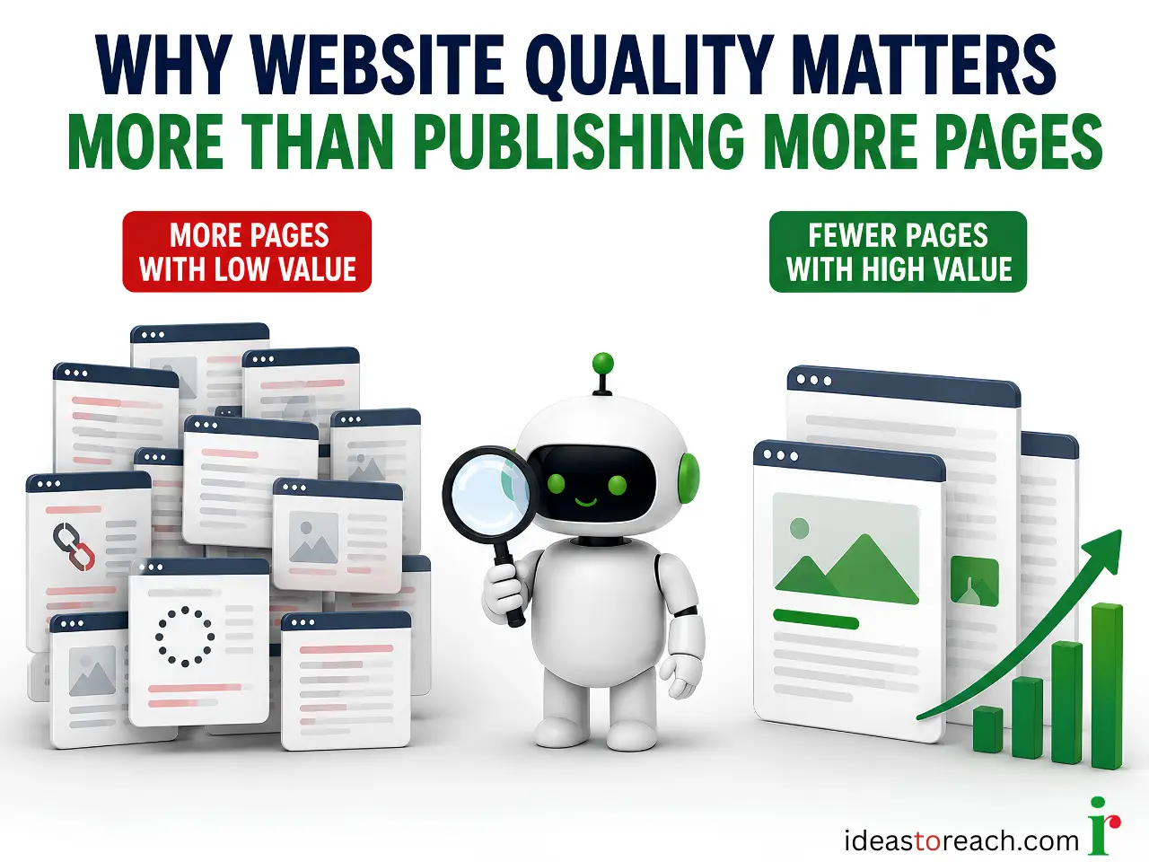 Image showing low-value web pages compared with fewer high quality pages to illustrate website quality over quantity