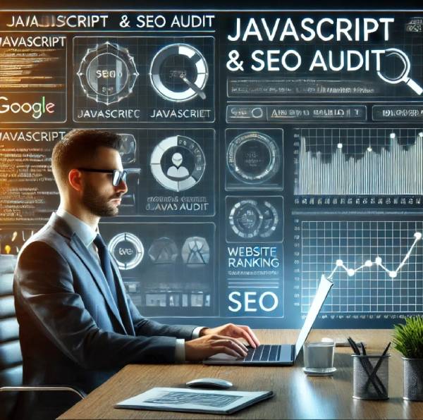 A professional digital marketer sitting at a desk, analyzing SEO performance on a laptop screen with a 'JavaScript & SEO Audit' dashboard displayed. The background includes graphs, website code snippets, and a Google ranking chart. The scene highlights the importance of JavaScript for SEO, with a modern, tech-driven office setup.