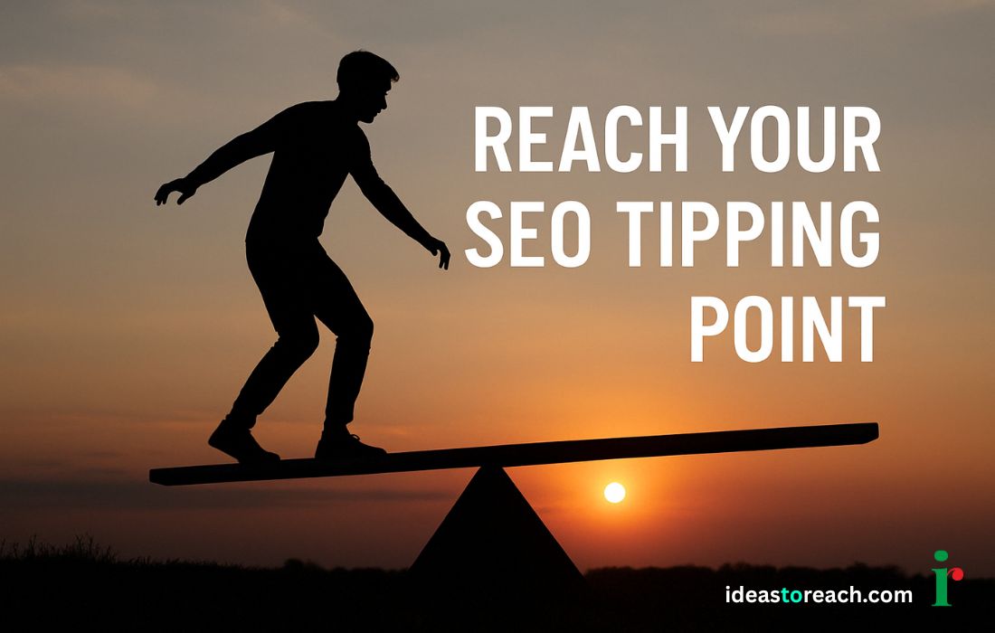 A person balancing on a seesaw or fulcrum at sunset — a perfect metaphor for the delicate moment of balance before a tipping point.