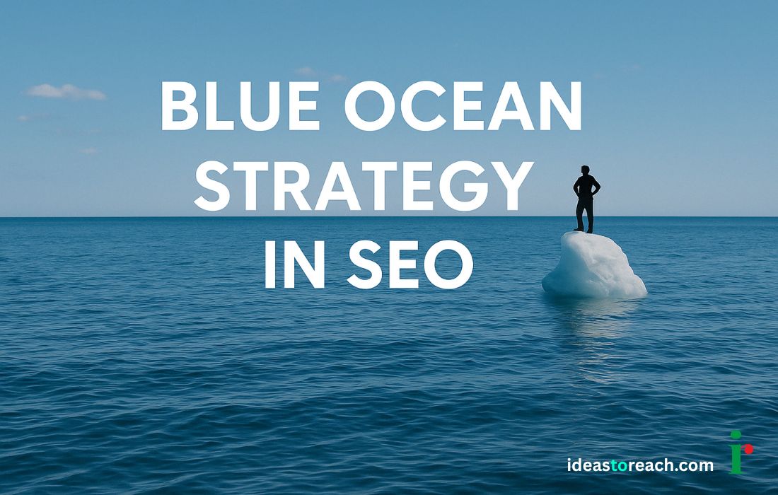 Person standing confidently on a small iceberg in the middle of a calm blue ocean, representing the concept of Blue Ocean Strategy in SEO—standing alone in uncontested digital space.