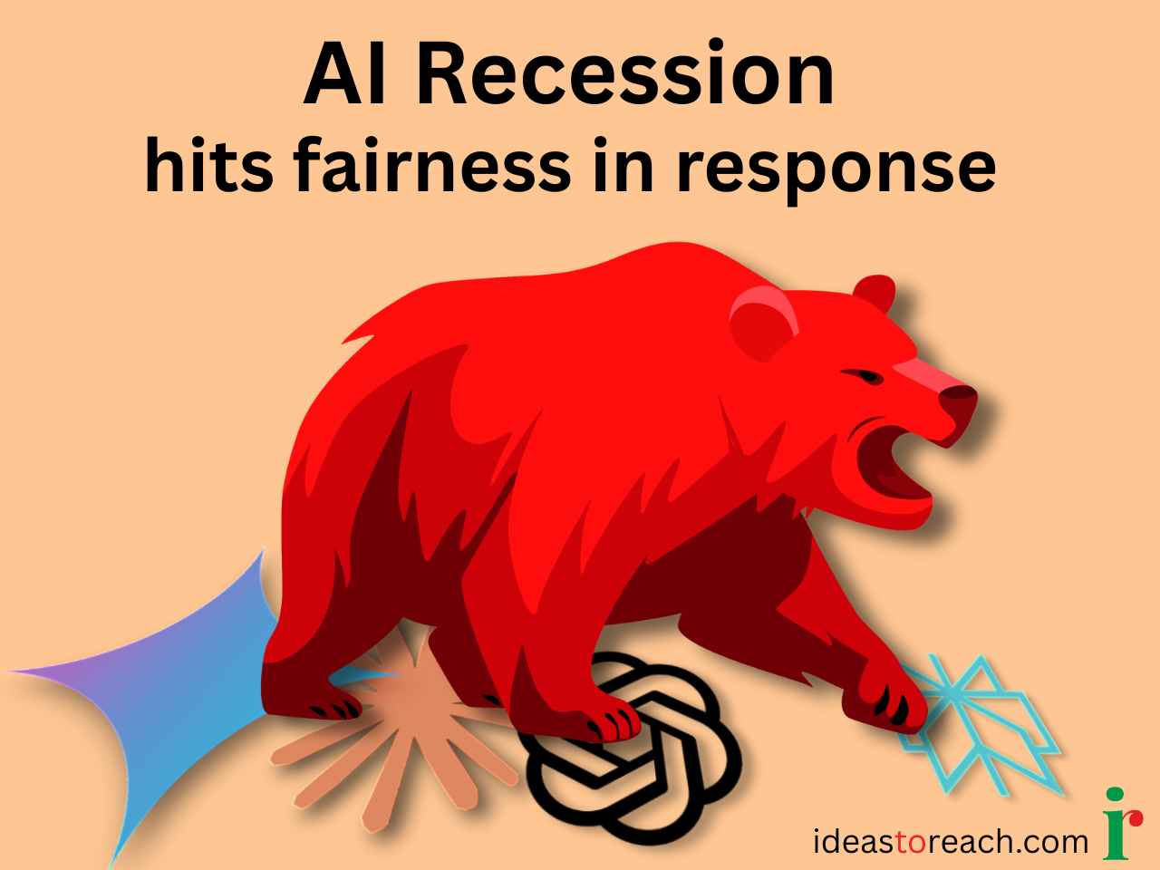AI recession hits fairness in AI responses, red bear market symbol trampling on AI company logos