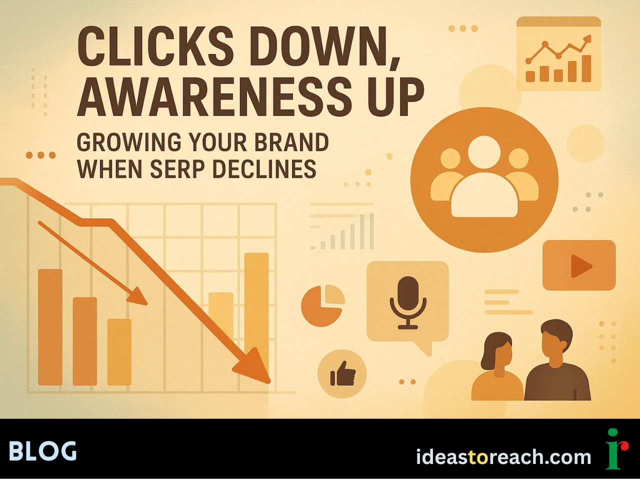 Visualize declining clicks versus rising brand awareness with digital marketing icons charts AI SERP features and India context