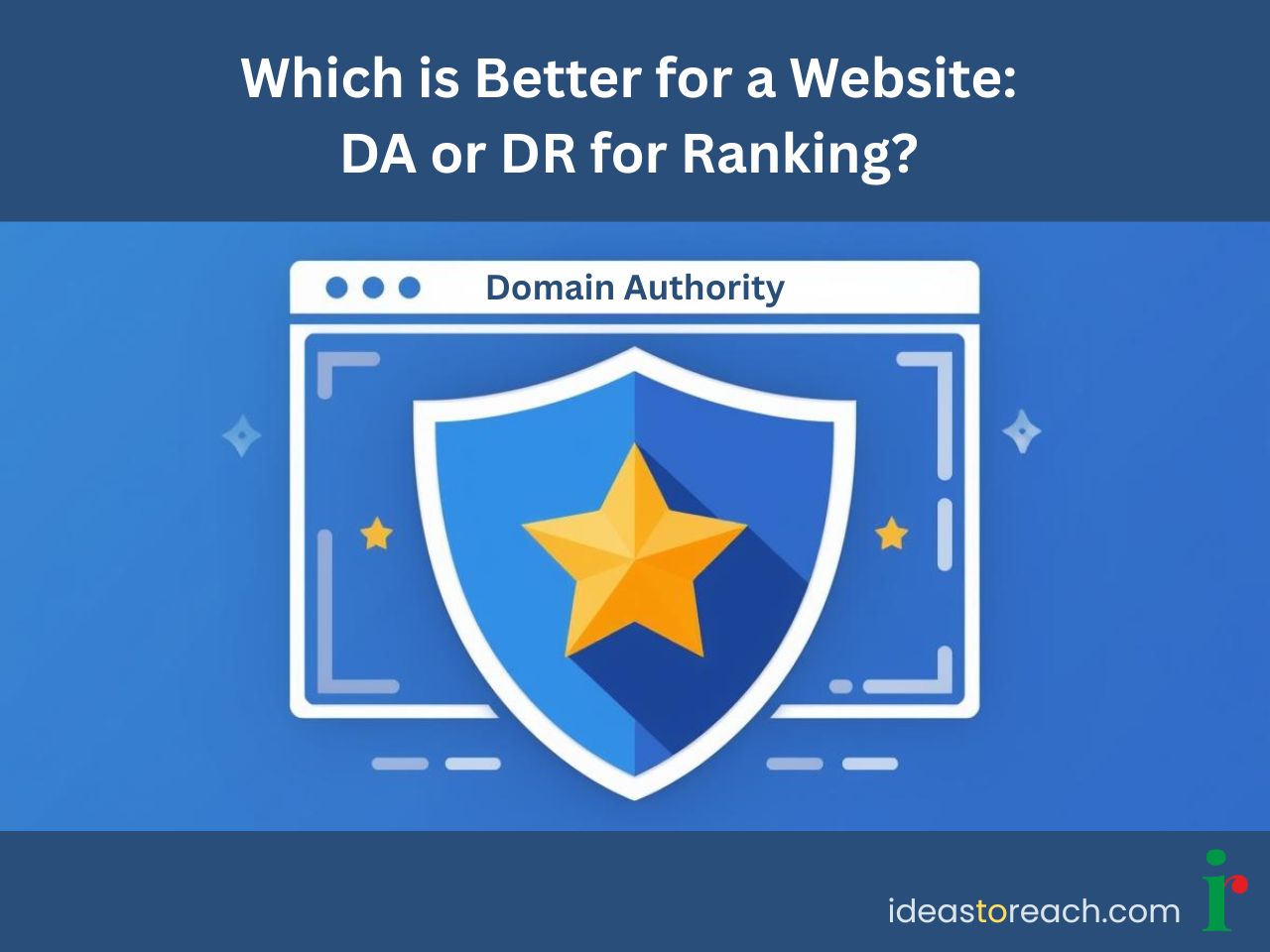 An illustration for website metrics titled Which is Better for a Website: DA or DR for Ranking? featuring a shield icon with a star and the Ideas to Reach logo.