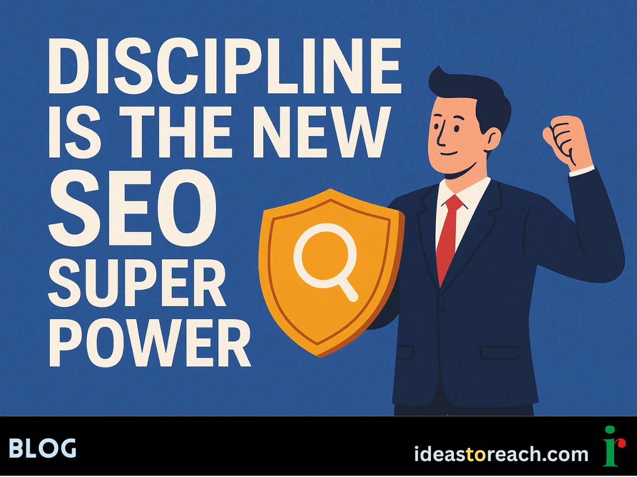 A digital illustration showing SEO growth powered by discipline, with graphs, focus icons, and futuristic strategy visuals.