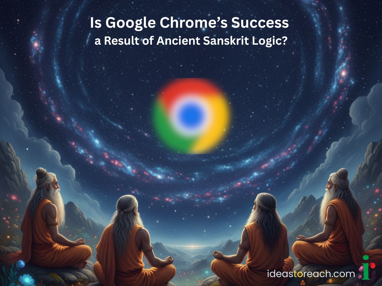 Ancient rishis meditating on cosmic intelligence with Google Chrome symbol representing the link between Sanskrit logic and modern algorithms