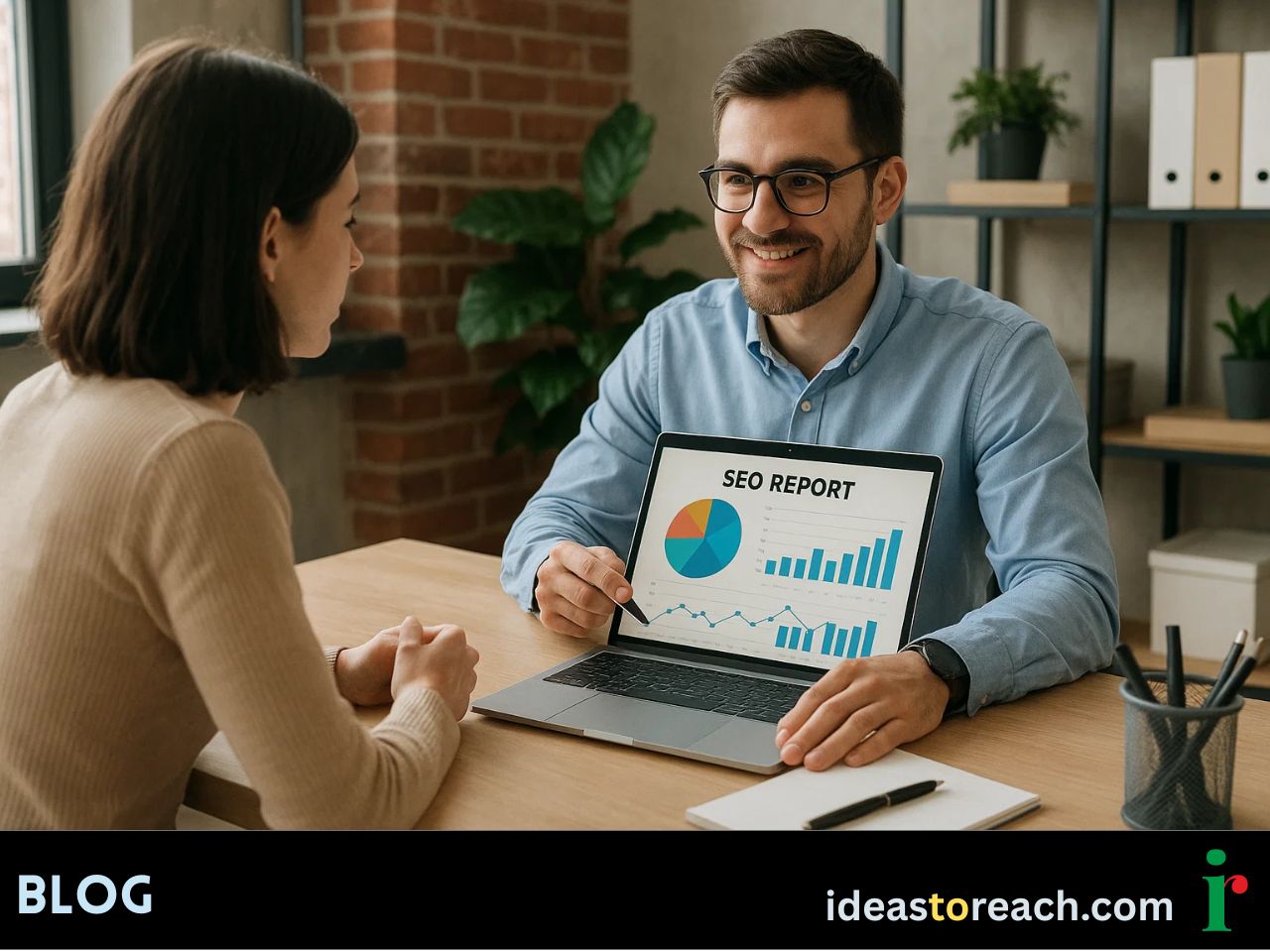 Customer meeting with an SEO agency expert to discuss SEO performance reports and improve website ranking strategy.