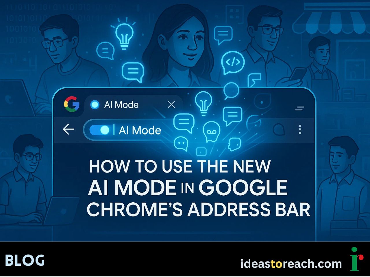 Futuristic Chrome AI mode cover with glowing Omnibox, holographic effects, and tagline: How to Use the New AI Mode in Chrome.
