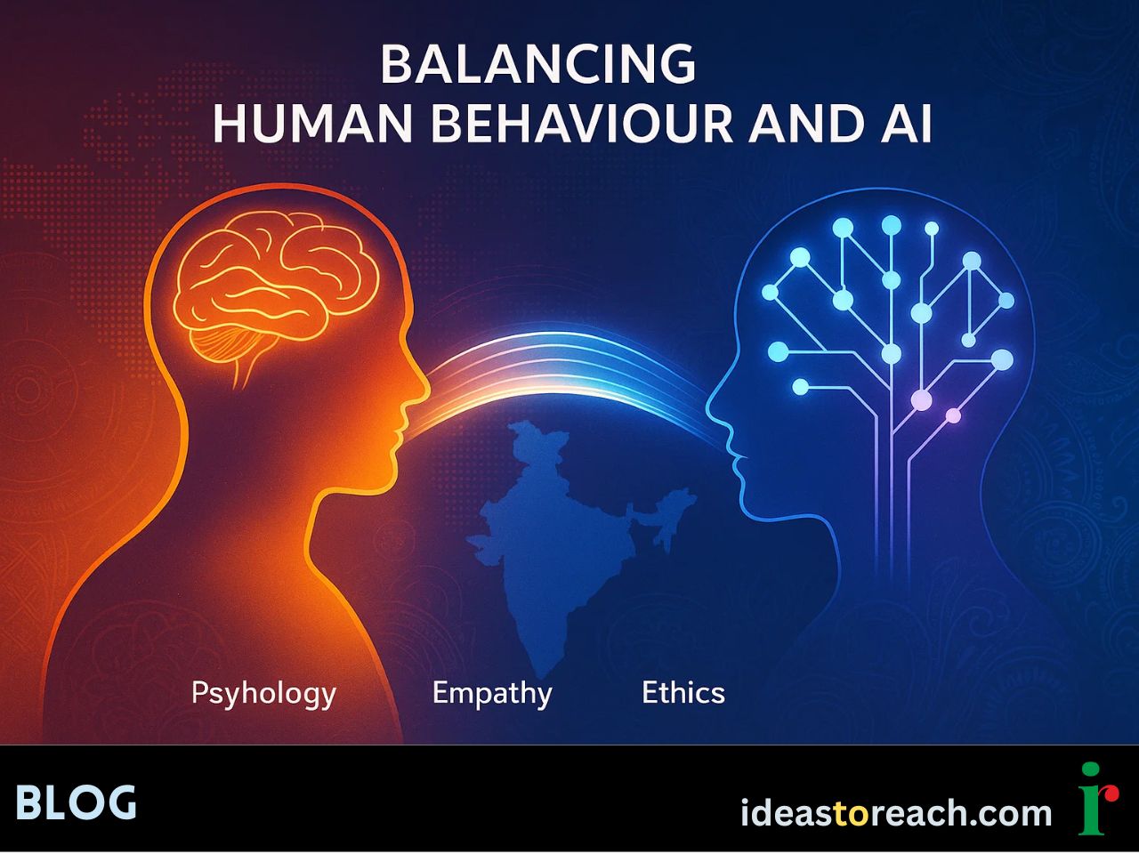 Futuristic digital art of human empathy and AI merging, glowing bridge of trust, global tech backdrop with digital identity.