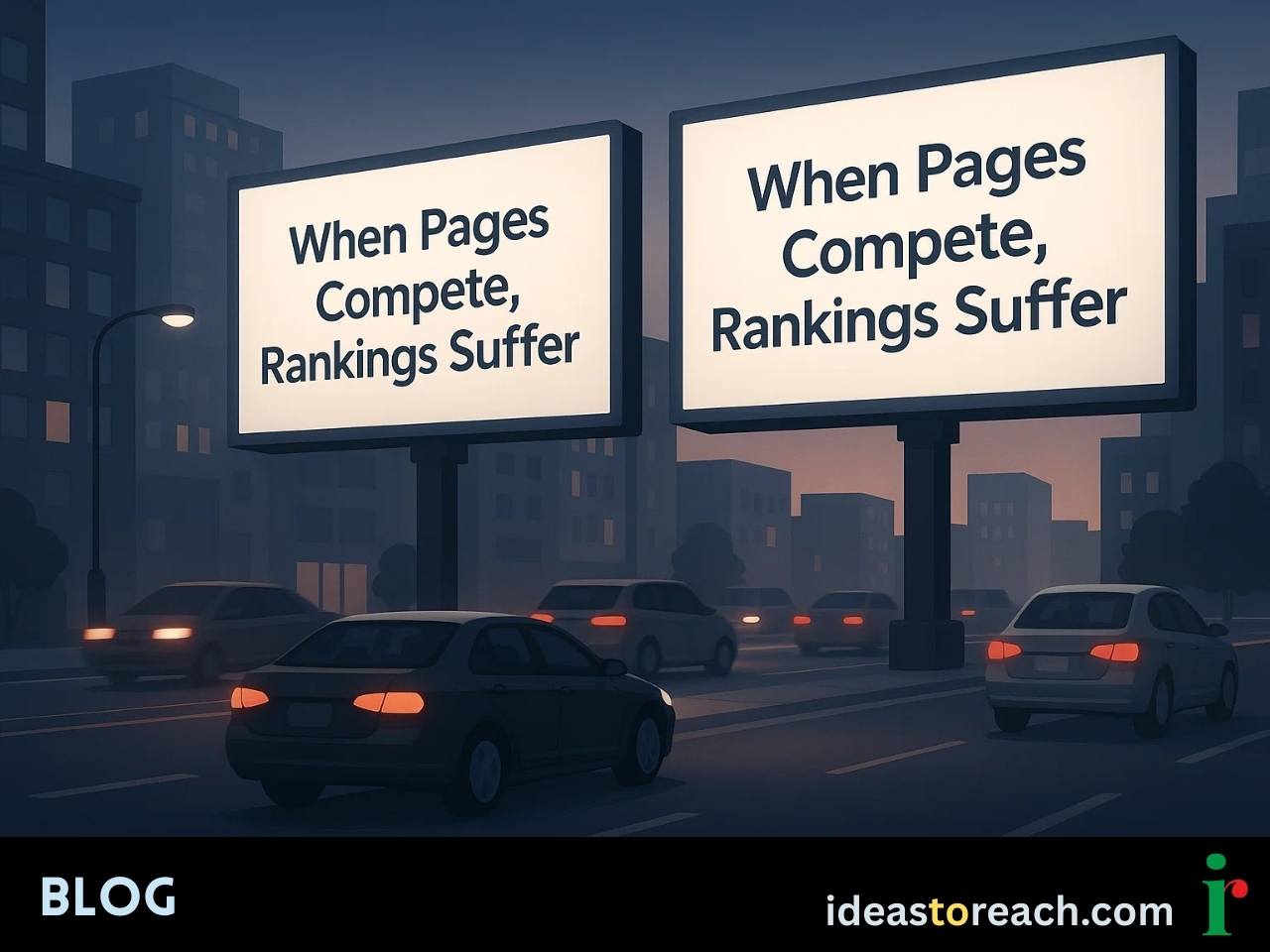 Two billboards with the text ‘When Pages Compete, Rankings Suffer,’ showing keyword cannibalization in SEO.