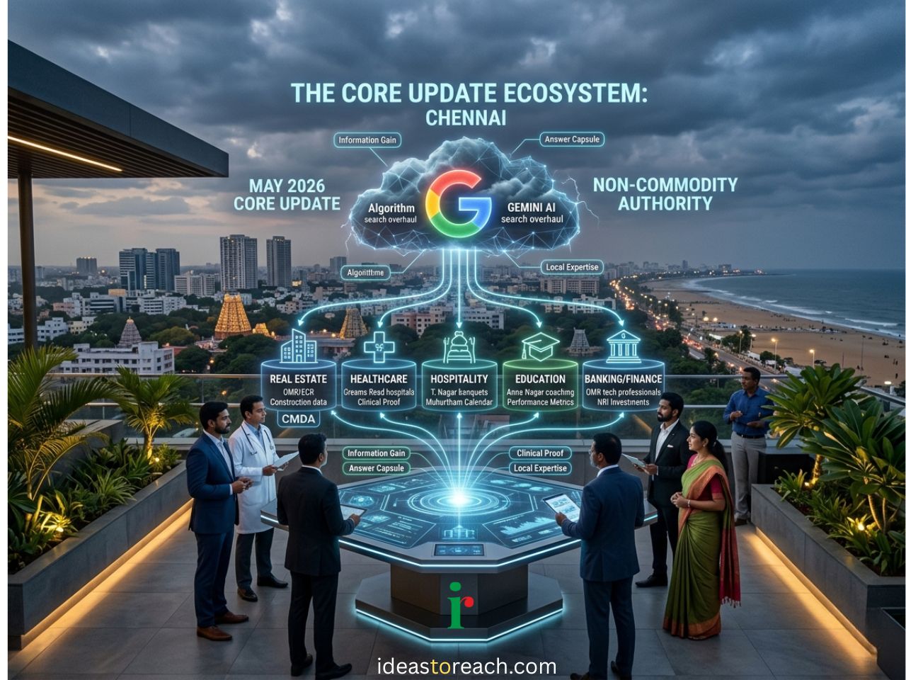 nfographic of the May 2026 Google Core Update showing a boardroom meeting on a Chennai rooftop overlooking Marina Beach, with a digital map connecting Google AI to Chennai's real estate, healthcare, hospitality, education, and banking industries.