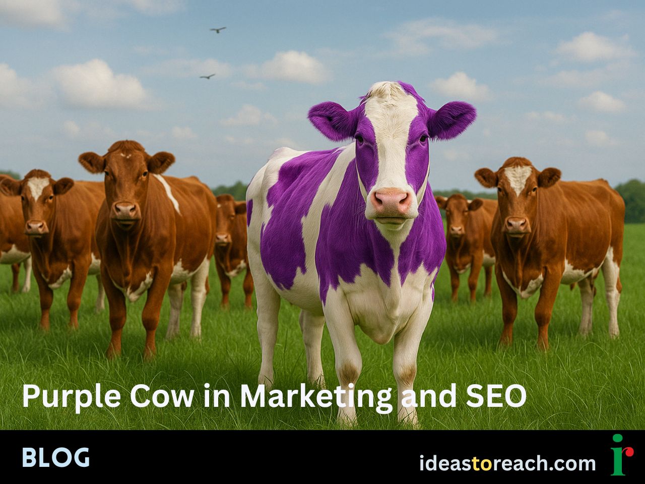 Meaning of Purple Cow in Marketing and SEO by a visual of a purple cow among brown cows.
