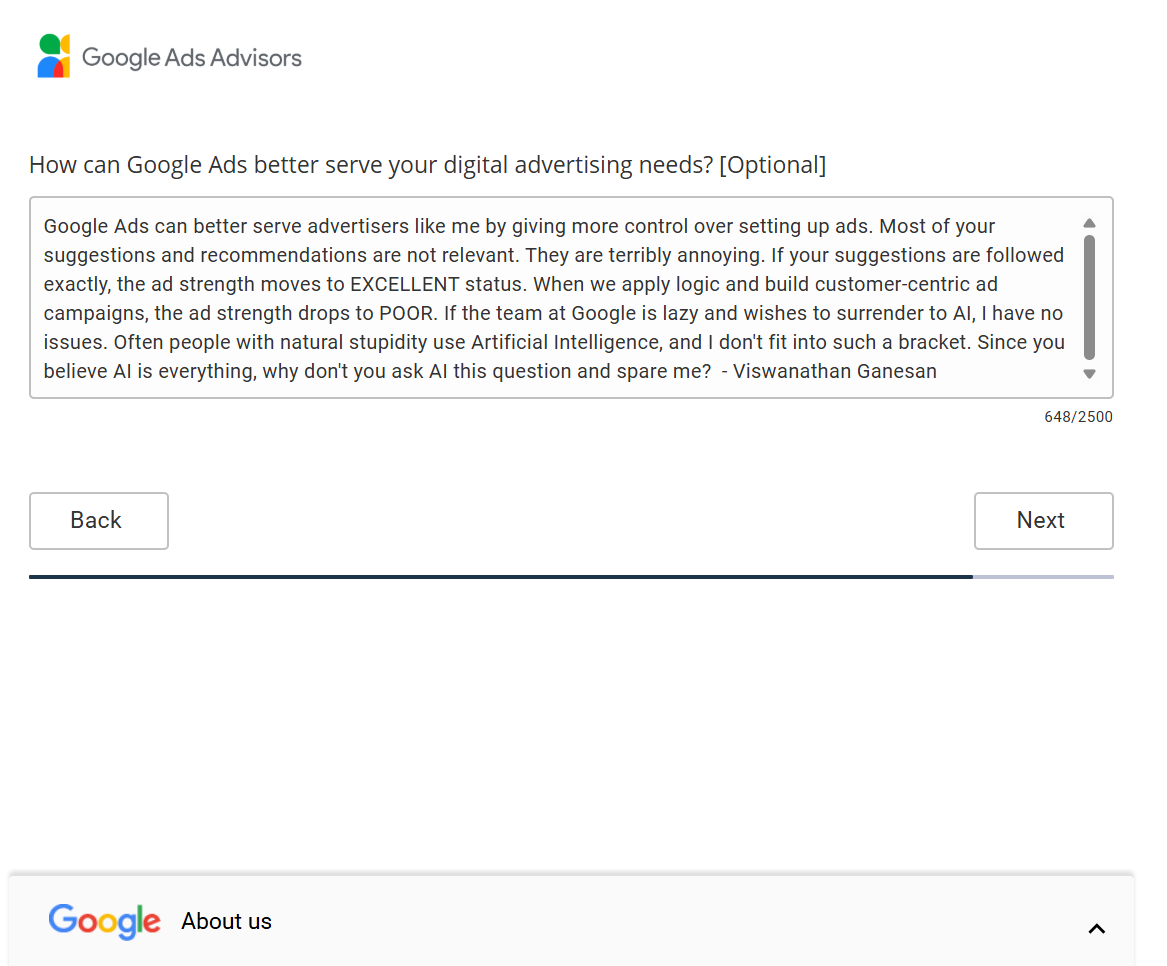 Screenshot of Google Ads survey feedback advocating for human logic over AI automation.