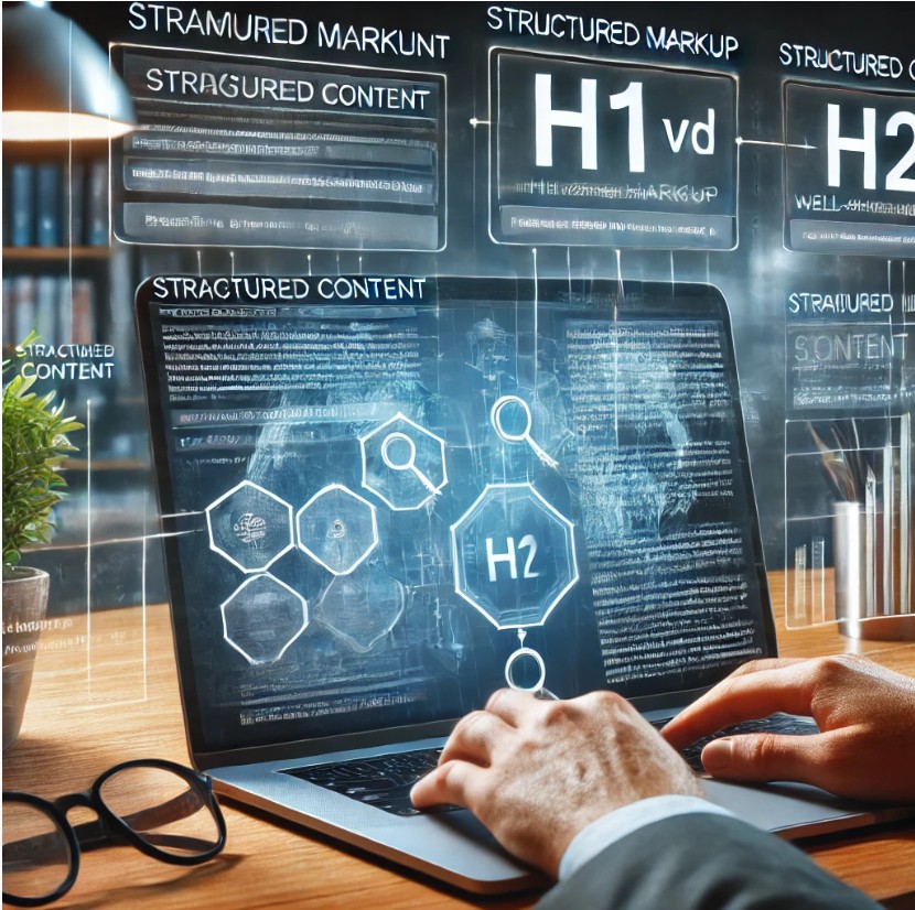 A modern SEO expert analyzing structured content on a laptop screen, comparing schema markup with H1 and H2 heading structures. The workspace includes digital marketing elements in the background.