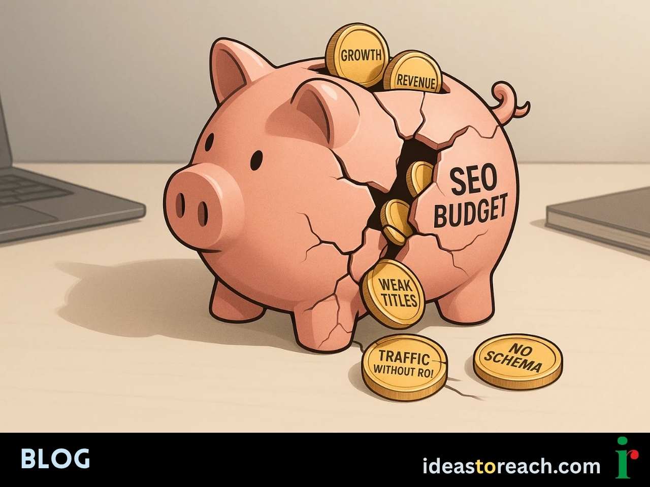 Cracked piggy bank labeled SEO Budget with coins leaking as mistakes, symbolizing lost ROI from poor SEO.
