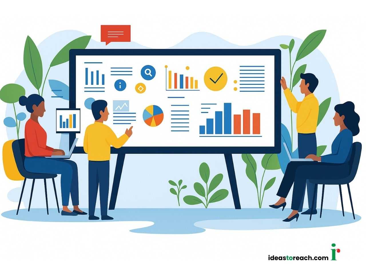 Illustration of a team building an SEO roadmap together, planning tasks and goals on a whiteboard filled with search icons, graphs, and checklists for strategy alignment.