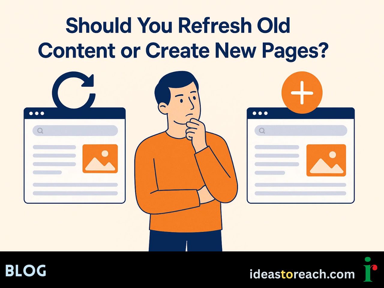 Image showing an SEO expert comparing old webpage updates vs creating new pages, symbolizing content strategy decisions.