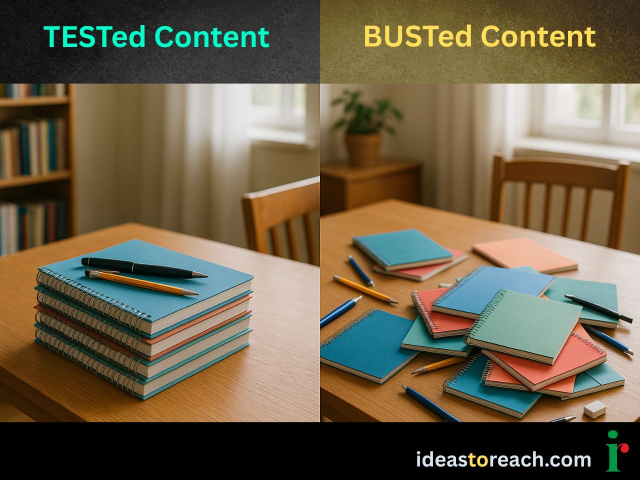 Stack of neat notebooks labeled TESTed Content vs. chaotic pile labeled BUSTed Content — visual metaphor for content clarity versus clutter