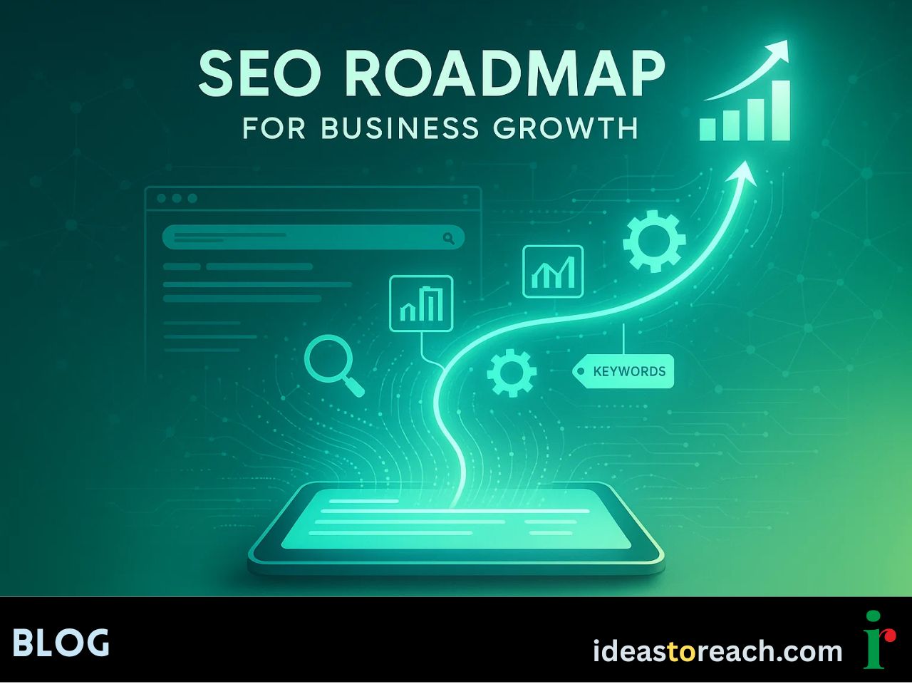 Infographic showing a five-step SEO roadmap with icons for audit, research, goals, execution, and measurement symbolising growth.