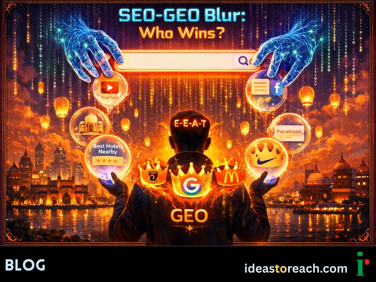 Surreal cyberpunk Google search bar over Mumbai, AI hands morph websites to zero-click Diwali bubbles, GEO strategist catches brand crowns. SEO-GEO blur.