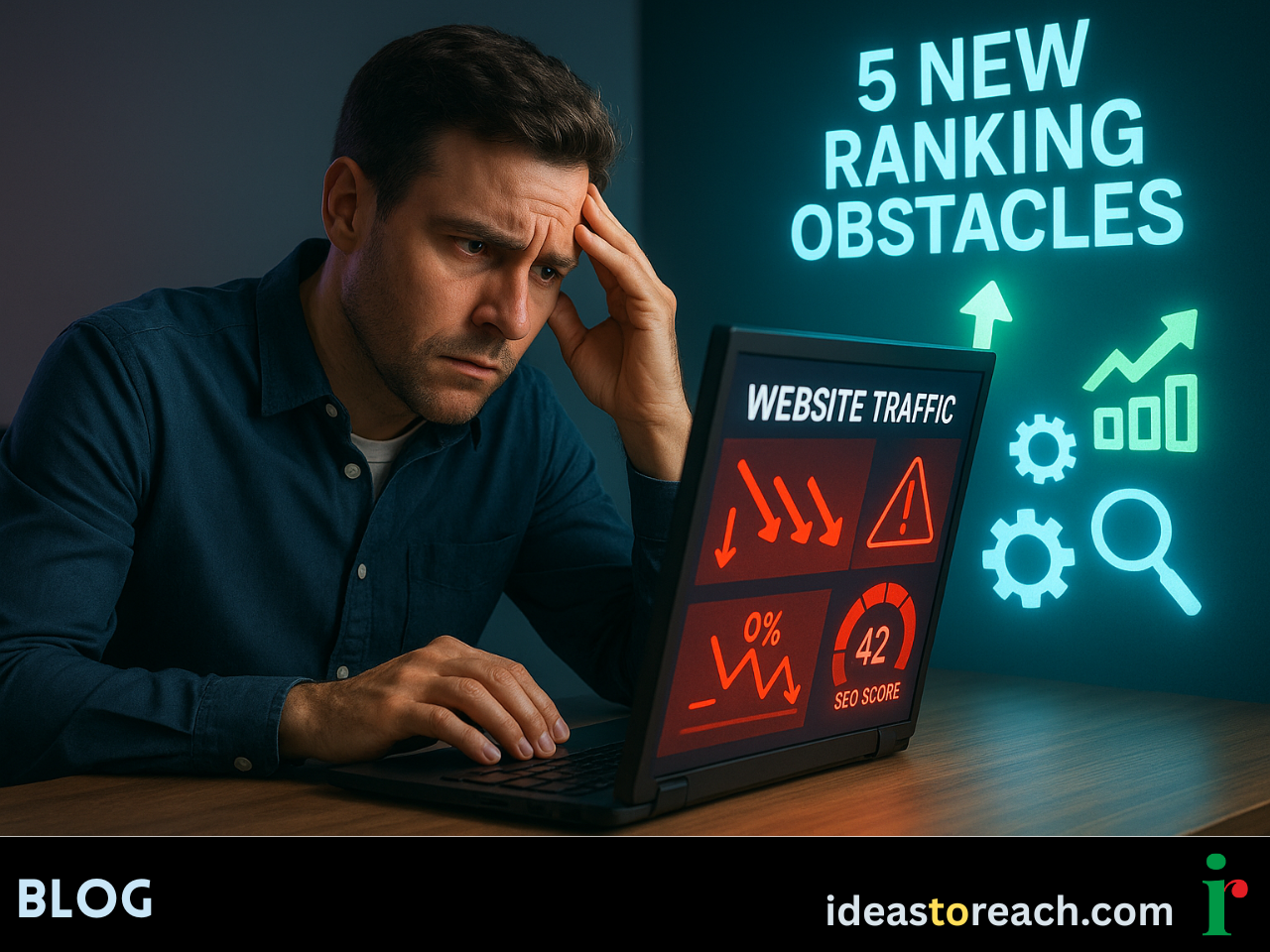 Laptop displaying SEO analytics with AI symbols and digital tools on desk, illustrating 2025 SEO ranking challenges and solutions.