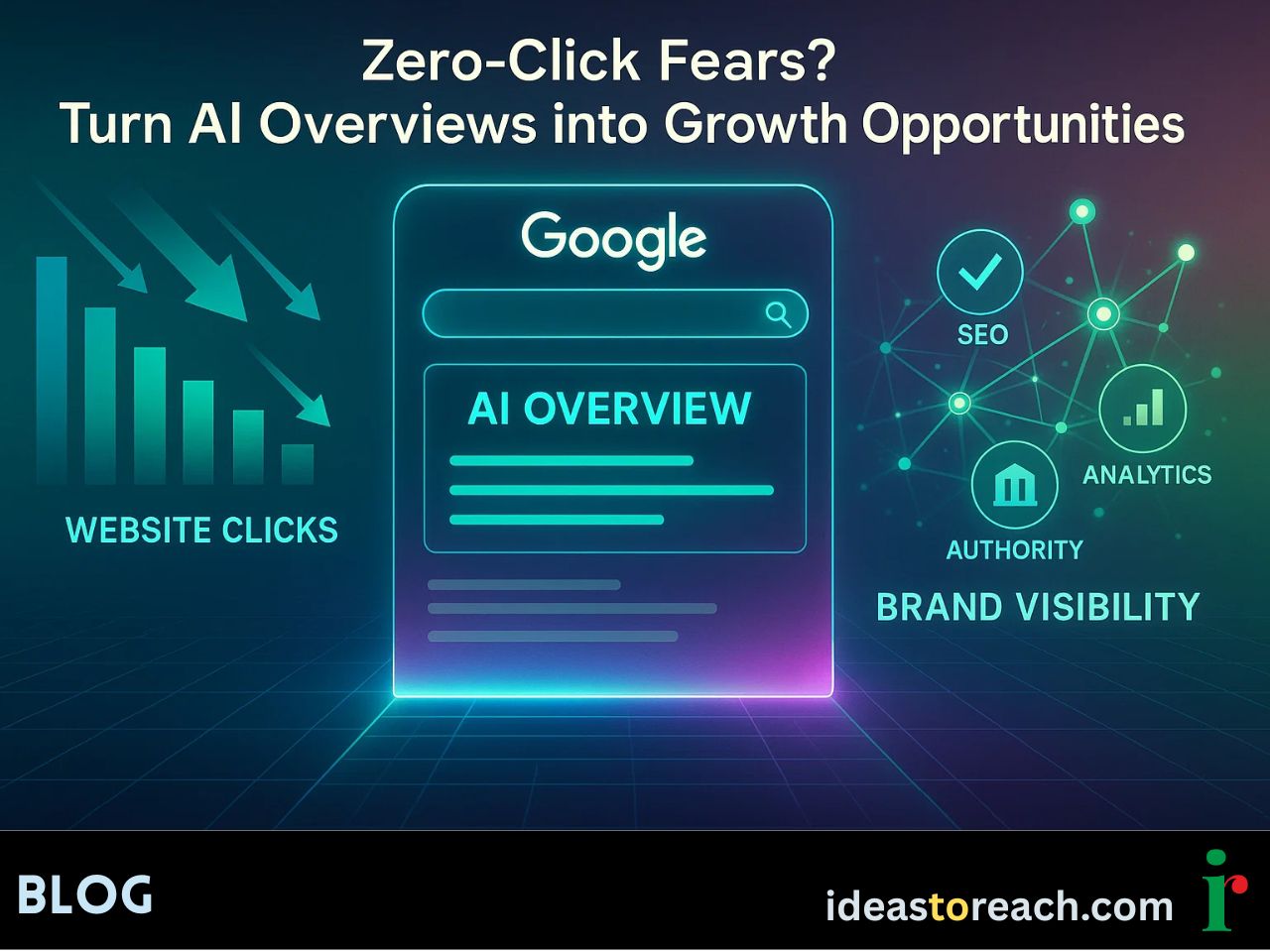 Futuristic AI search results showing declining clicks vs rising brand visibility, India-focused digital SEO growth concept.
